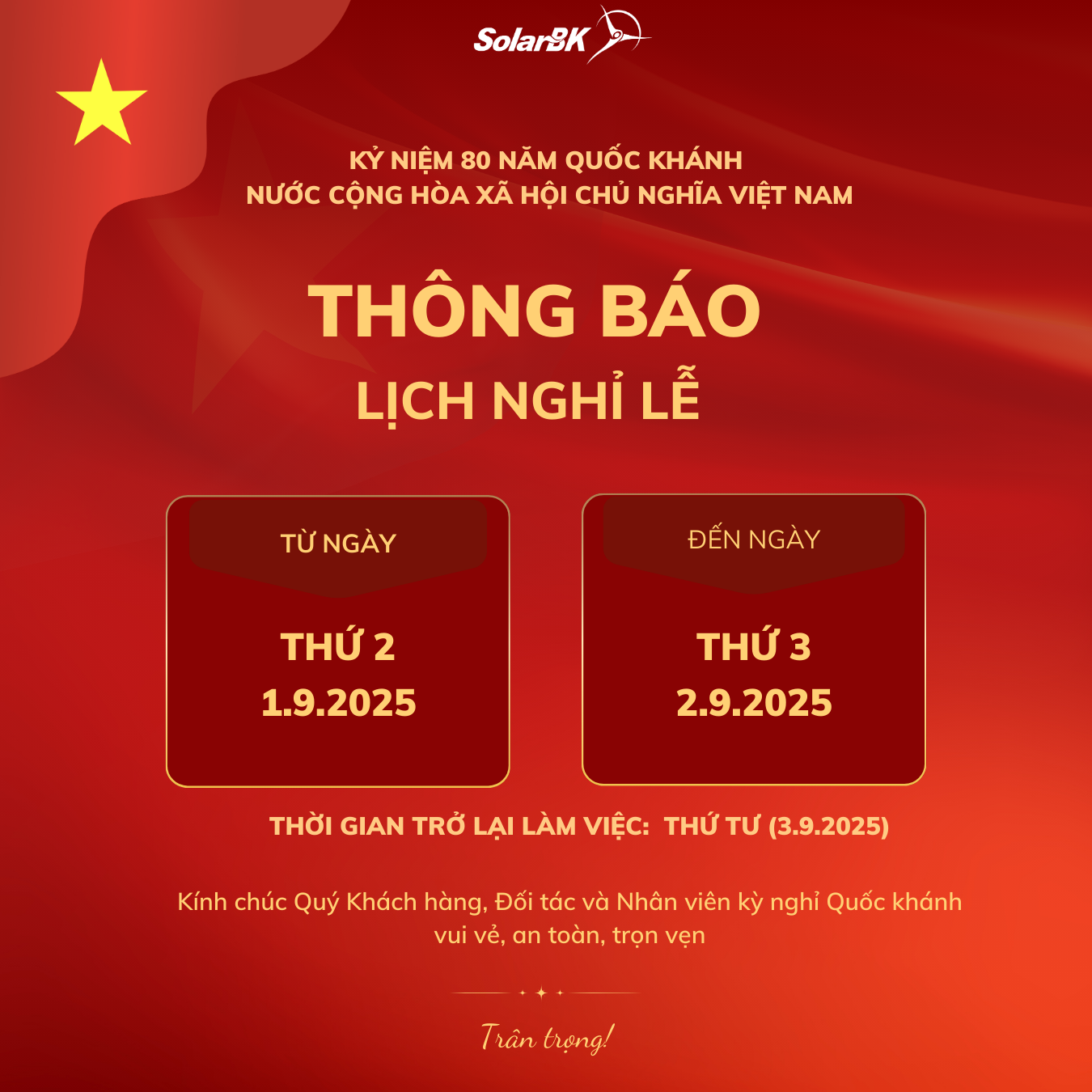 Thông báo nghỉ lễ Quốc khánh 2/9