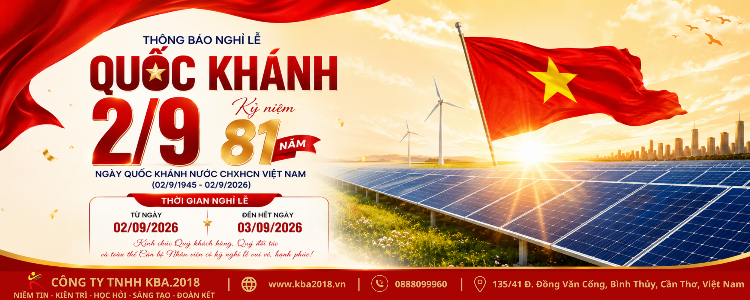 KBA.2018 thông báo lịch nghỉ lễ Quốc khánh 02/9/2026